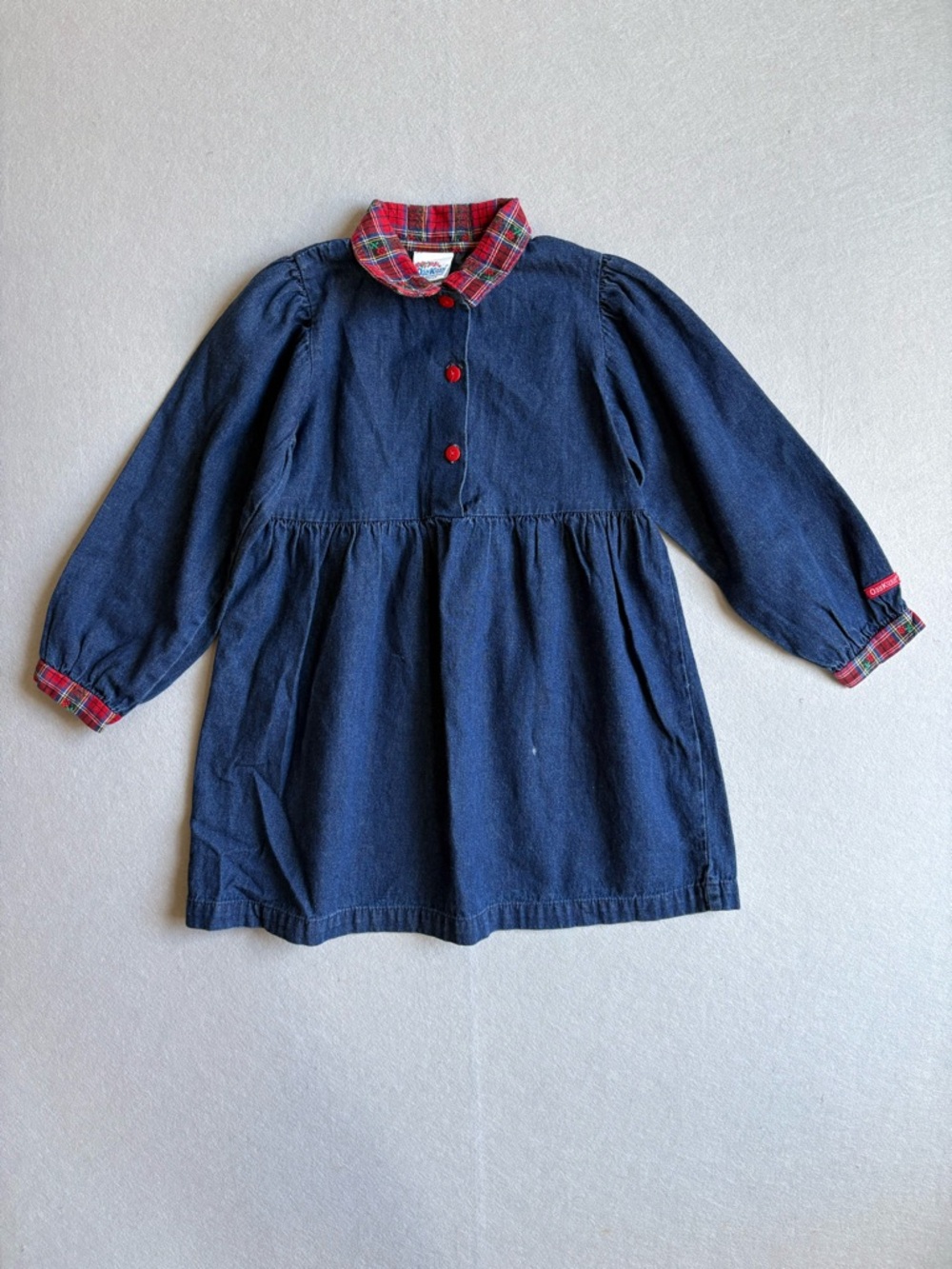 Vintage 90s OshKosh B’gosh Denim Dress with Red Plaid sz 6 USA made! 100% cotton